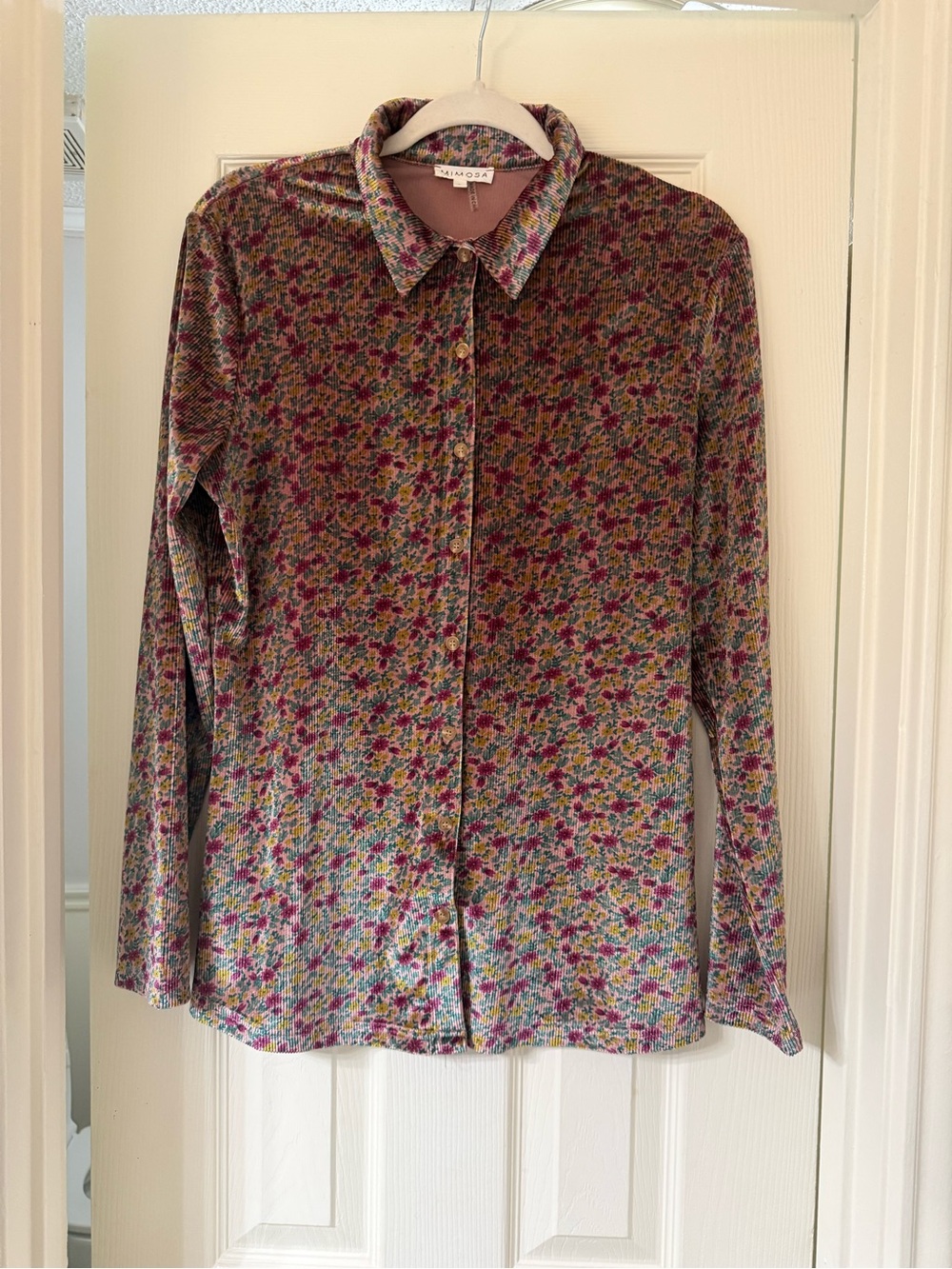Velvet Floral Button-Down Shirt in Pink and Green